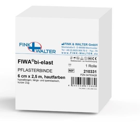 Fink & Walter FIWA®bi-elast – Pflasterbinde 6cm x 2,5m, hypoallergen, längs- und querelastisch, kurzer Zug, hautfarben / 1 St. (REF 210331) / PZN: 04793428