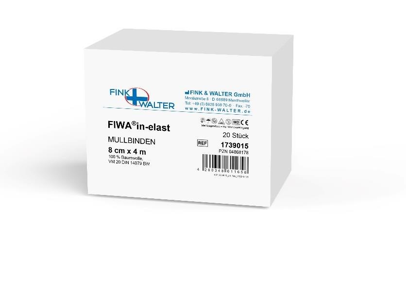 Fink & Walter FIWA®in-elast – Mullbinden 12cm x 4m nackt, 100% Baumwolle, starr, 20-fädig, VM 20 DIN 14079 BW, Pckg. à 20 Stück / 20 St. (REF 1739019) / PZN: 04868221