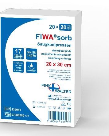 Fink & Walter FIWA®sorb – Saugkompressen 20x30cm, mit einer Mullumhüllung VM 17 DIN 14079 BW (Btl. à 20 Stück) / 20 St. (REF 432041) / PZN: 07200280