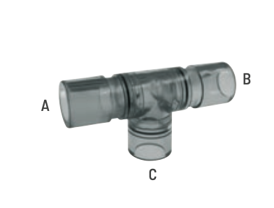 T-Konnektor Standard / Wiederverwendbar /  Anschluss A,B,C : 15 mm I.D. / 22 mm A.D. / 10 St. p.P. / REF:  60-11-500
