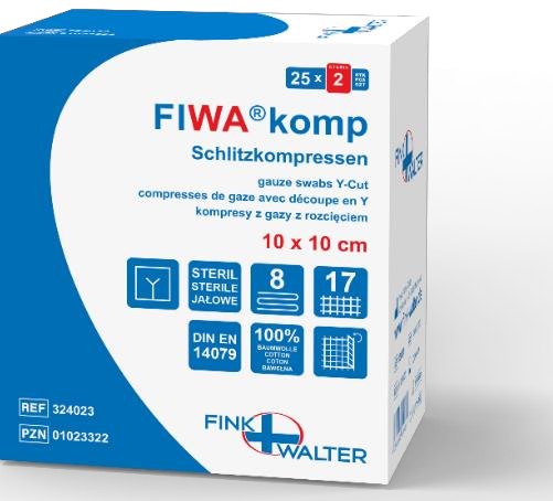 Fink & Walter FIWA®komp – Schlitzkompressen MULL steril 5x5cm, 8-fach, VM 17 DIN 14079 BW, Pckg. à 25x2 Stück / 50 St. (REF 324033) / PZN: 01023345