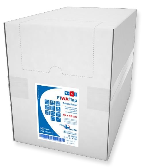 FIWA®lap / Bauchtücher steril / 45x45cm / 4-fach / Röko / VM 20 DIN 14079 BW / weiß / mit Schlaufe / vorgewaschen / doppelt verpackt mit Zählkarte / Set à 5 Stück / REF: 540008 / PZN: 11860450