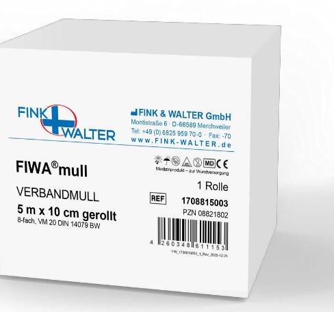 Fink & Walter FIWA®mull – Verbandmull gerollt 2m x 10cm, 8-fach, VM 20 DIN 14079 BW / 1 St. (REF 1708815002) / PZN: 08821794